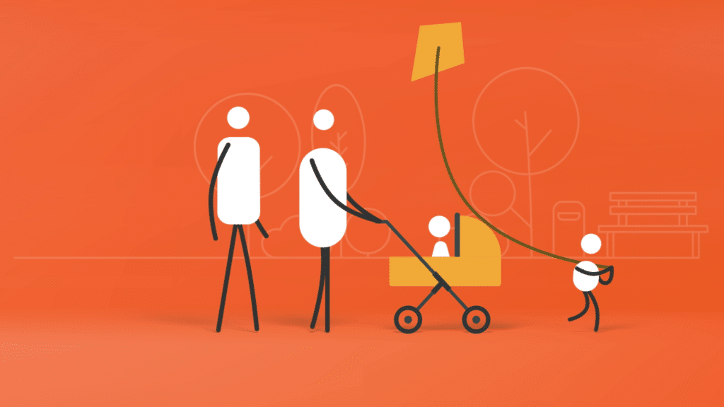 A stylised illustration of a family walking together in a park environment using a high contrast colour scheme of orange white and yellow. The figures are reduced to simple shapes featuring torseos heads arms and legs