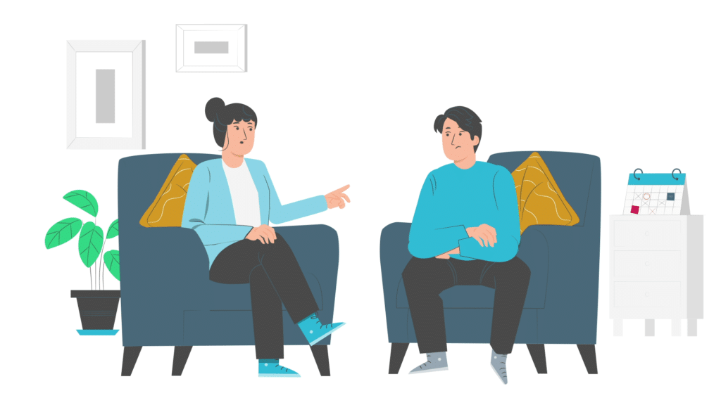 An illustration of 2 people sitting opposite each other in arm chairs in a counselling situation